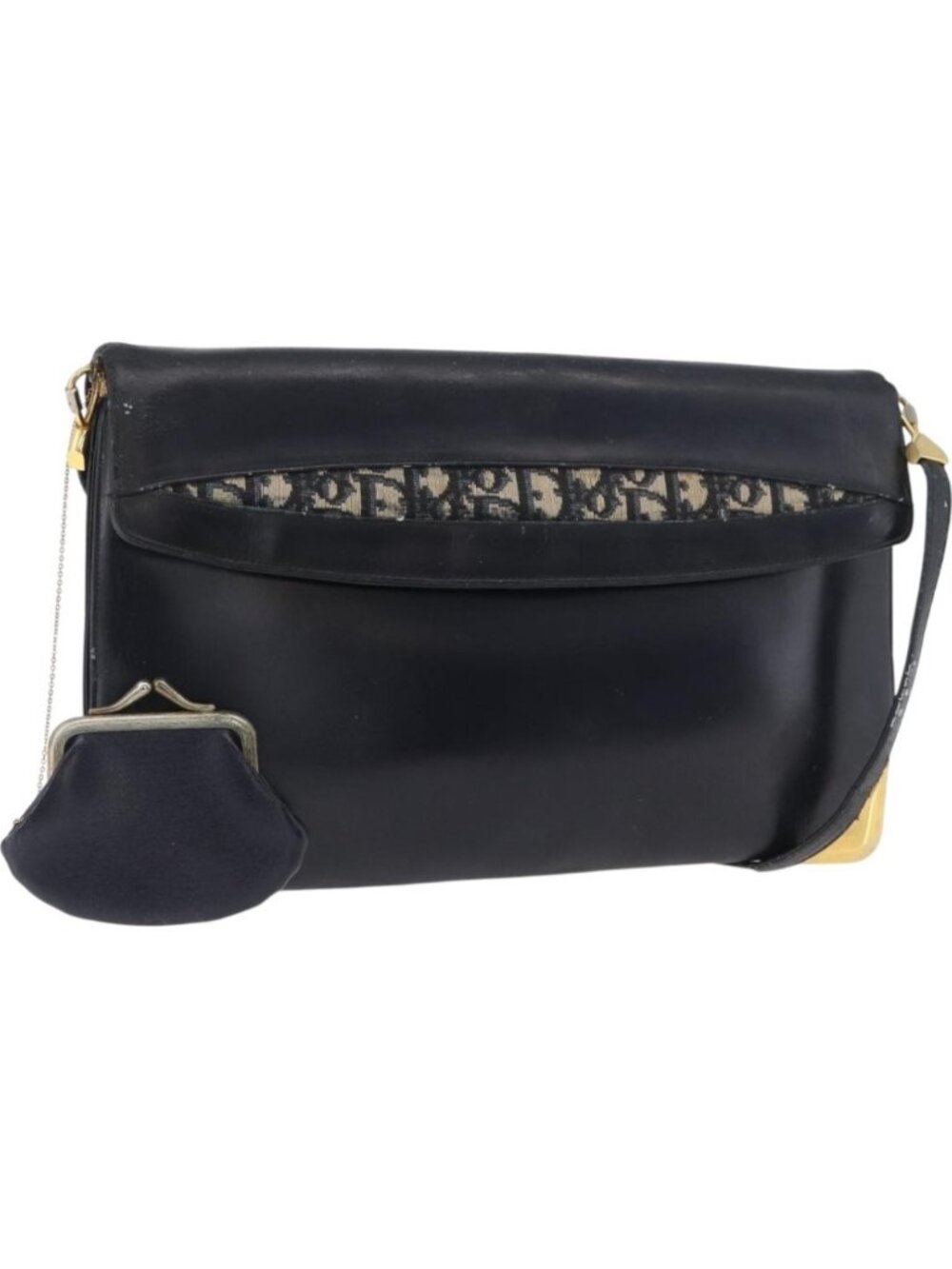 Christian Dior Shoulder Bag Leather Navy Gold